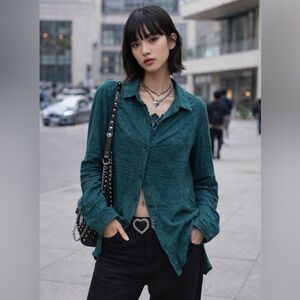 Solitaire Deep Teal Embroidered Lace Button-Down Shirt